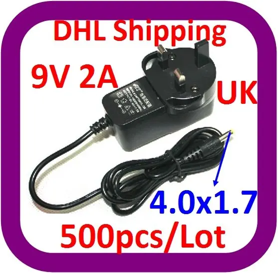 DHL 500 шт./лот AC адаптер питания 9V 2A 2000mA 4,0 мм* 1,7 мм для DVD плеер UK