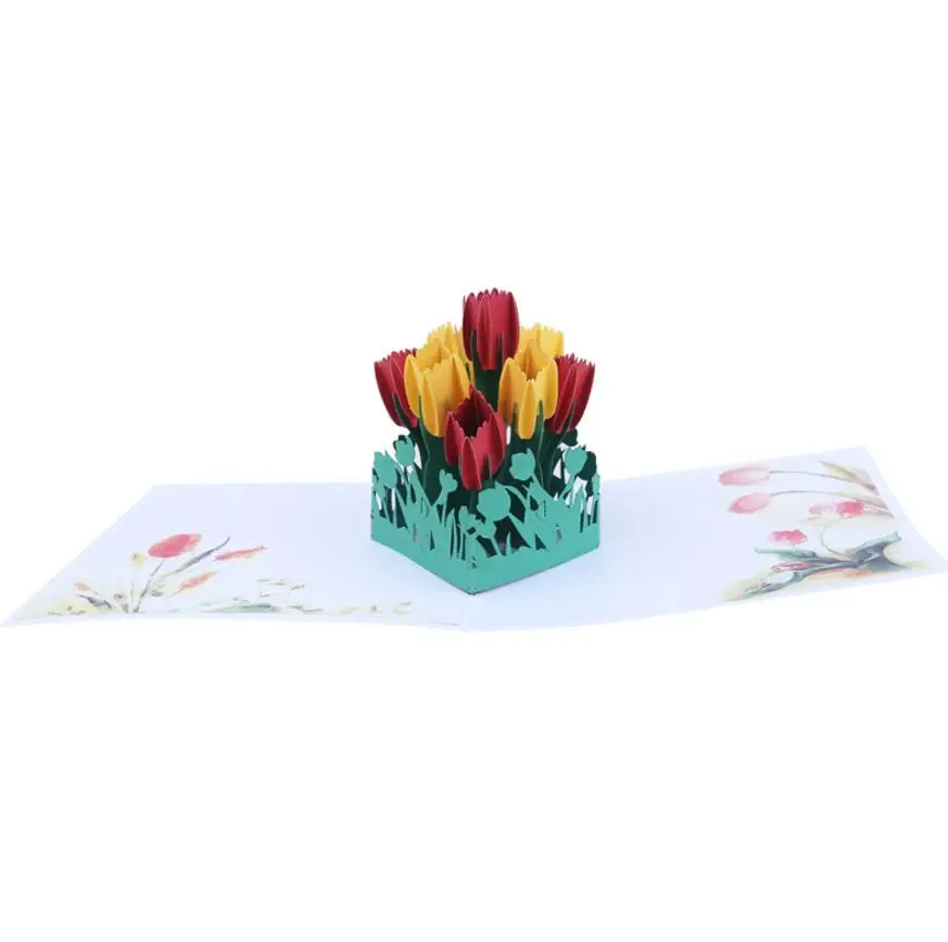  10pcs Handmade Kirigami Origami Tulips Flower 3D Pop UP Greeting Cards Invitation card For Wedding  - 32981579396