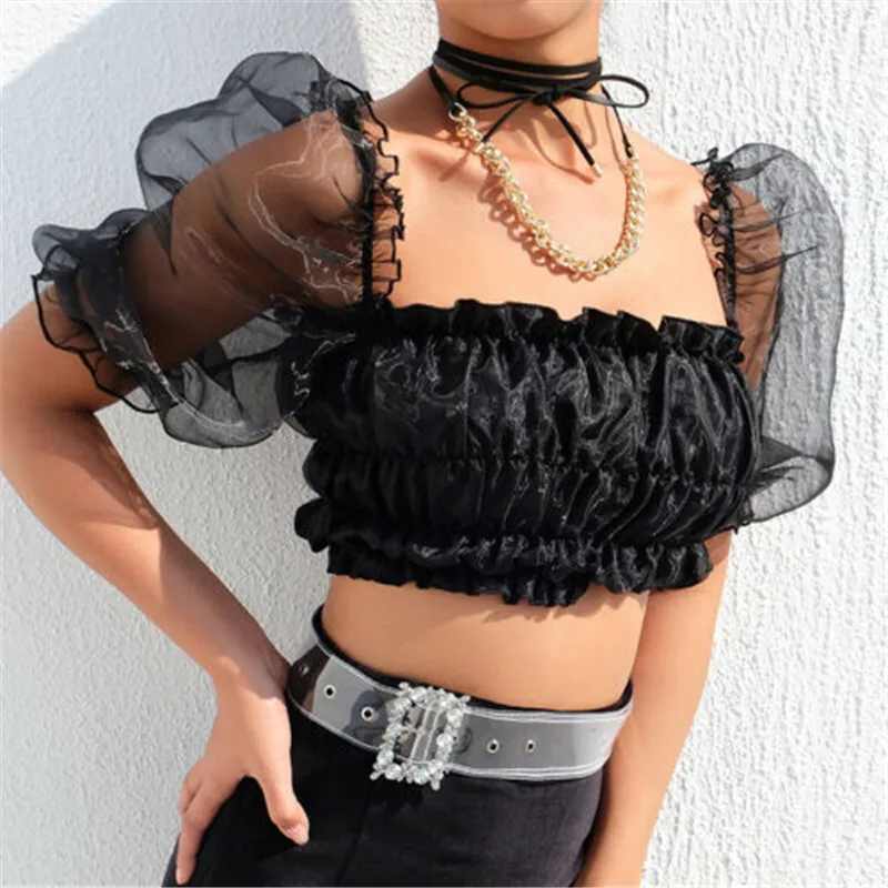 

Women Sexy Tanks Girls Summer Puff Sleeve Top Blouse Female White/Black Lace Tulle Shirt Ladies Plain Office Tank Shirt Fashion