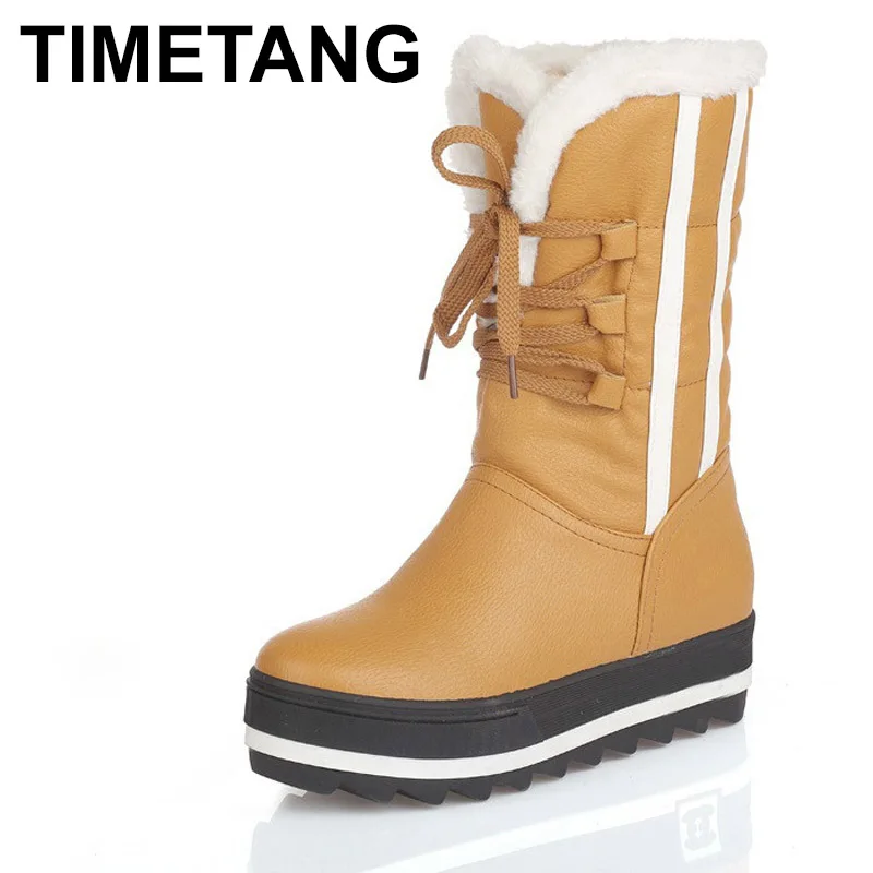 

TIMETANG Flat Platform Women Snow Boots Waterproof Winter Warm Shoes Casual Plush Leather Mid-Calf Boots Female Plus Size Shoes