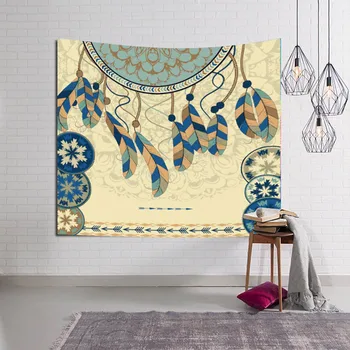 

Interest Art Tapestry Black Boho Feathers Chakras Hanging Mats Office Living Room Polyester 150*130Cm Decorative Wall Hanging
