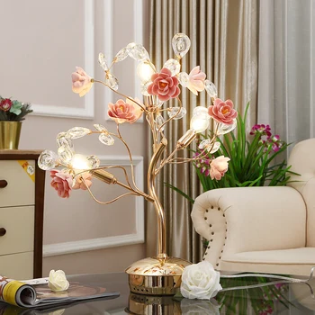 

Ceramic Rose Flower Tree Metal Table Lamp E14 Base Flower Desk Lamp Home Hotel Holiday Wedding Decoration K9 Crystal Night Light