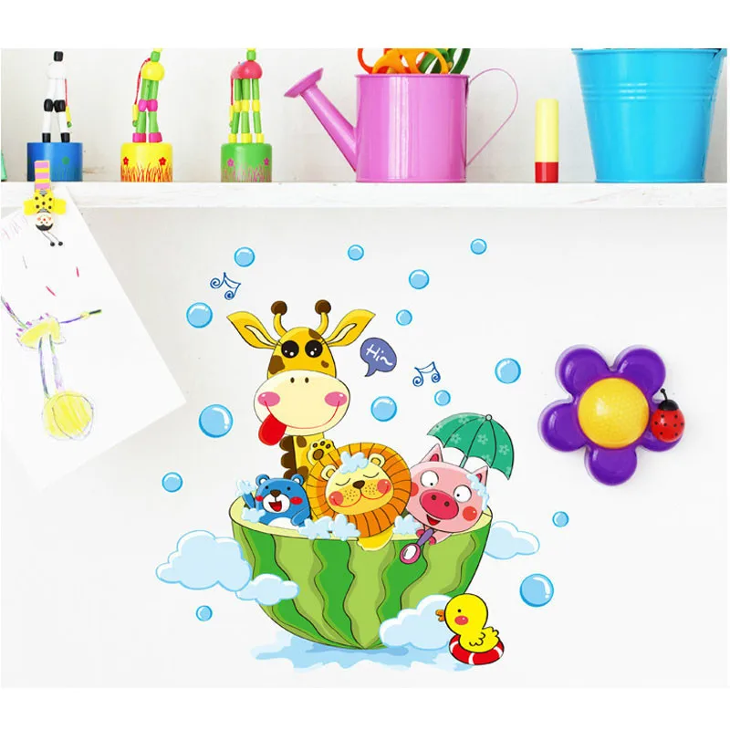 

1PC Cute Animal In The Watermelon Wall Stickers Colourful Lion Love to Bathe Shower for Kids Baby Room Decals Home Decor