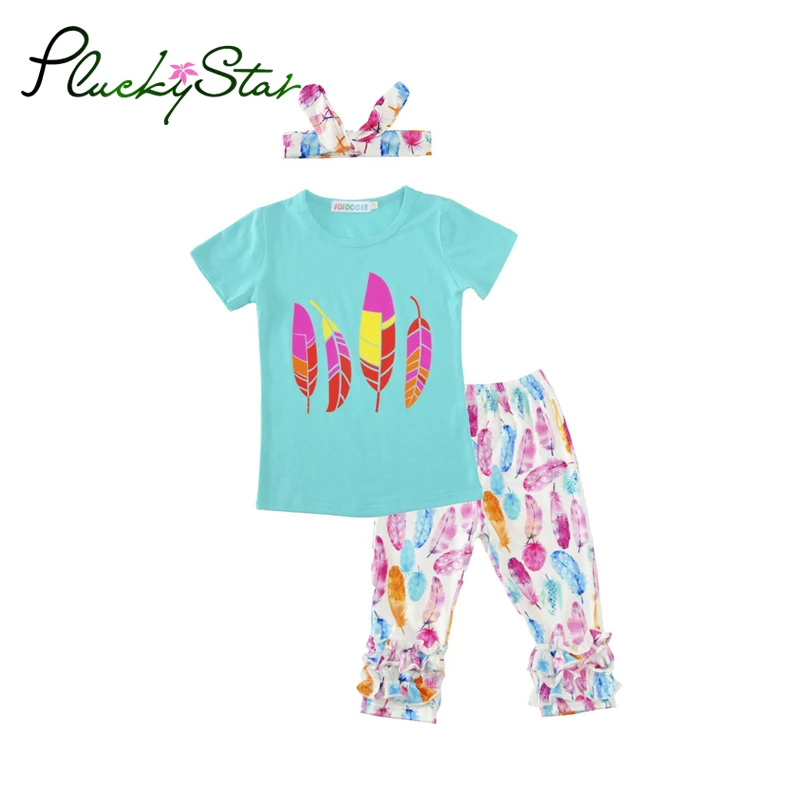 

PluckyStar 3Pcs/Set Spring Summer Children Clothing Feather Pattern Headband Fifth Pants Blue Short Sleeve T-shirt For Girls T15