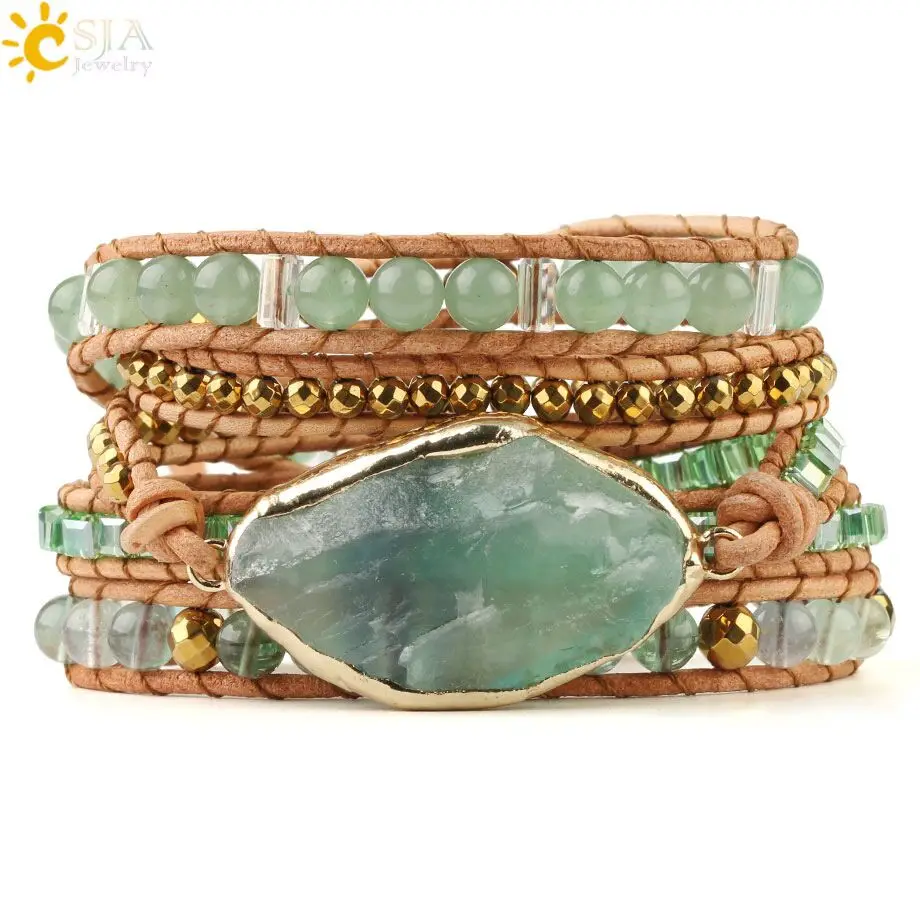 Baratos CSJA Natural piedra verde fluorita cristal CUENTA DE Aventurina cuero envoltura pulsera multicapa pulseras Boho Pulseira Feminina G118