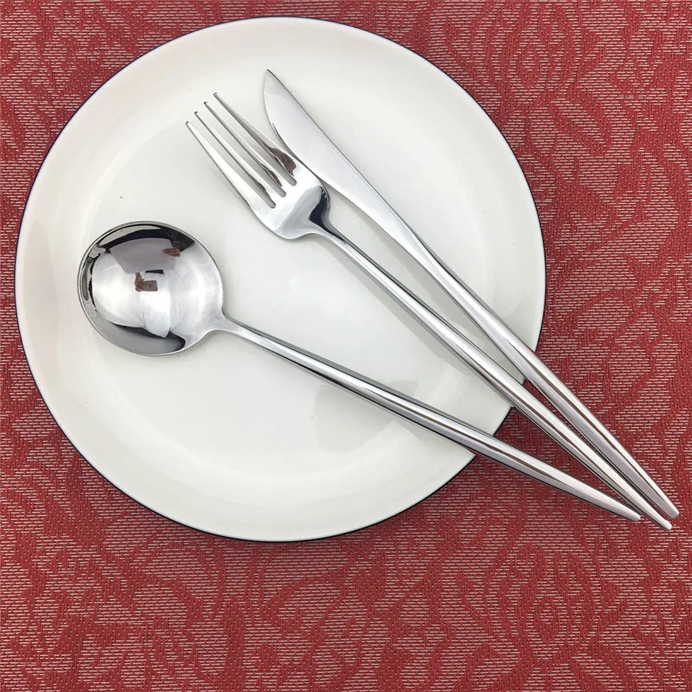 JASHI Simple Pure Silver Cutlery Set Mirror 18/10 Stainless Steel Dinnerware Set Round Dinner Steak Fork Home Silverware Set - Цвет: 3pcs