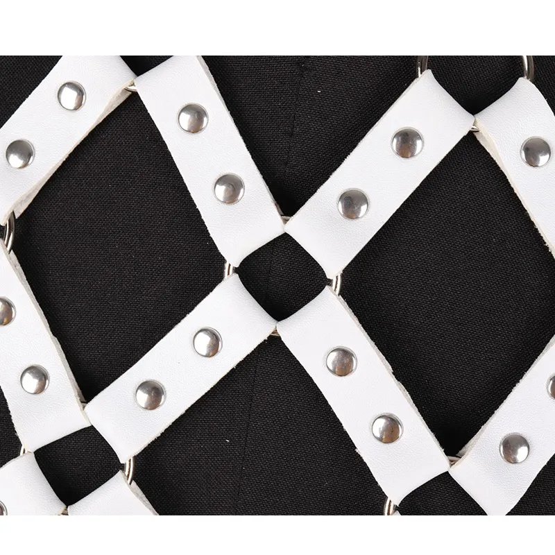 Harajuku Leather Harness Hollow Out Lingerie Metal Rivet Punk Chest Belt Adjust Party Rave Wear Body Cage White Bra for Women
