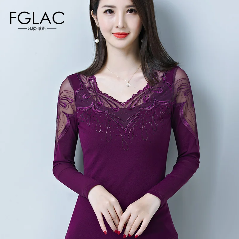 

FGLAC t shirt women Fashion Casual long sleeve Mesh tops Elegant Slim Hollow out lace tops plus size Autumn T-Shirts women
