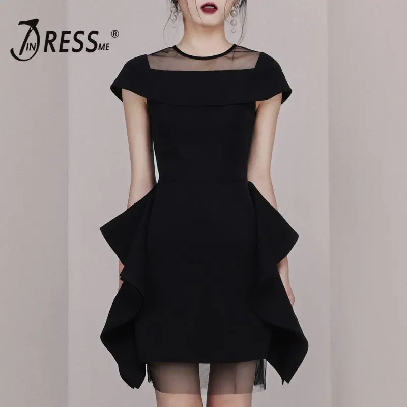

INDRESSME 2019 New Mesh Ruffle Short Sleeves Skater A-line Little Black Dress Wholesale Party Club Dress