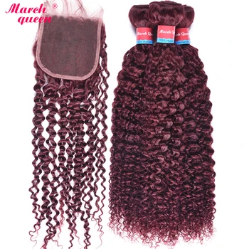 

March Queen 3 Bundles Burmese Curly Hair With Lace Closure #99J Red Wine Wine Color Human Hair Bundles With Closure Free Part