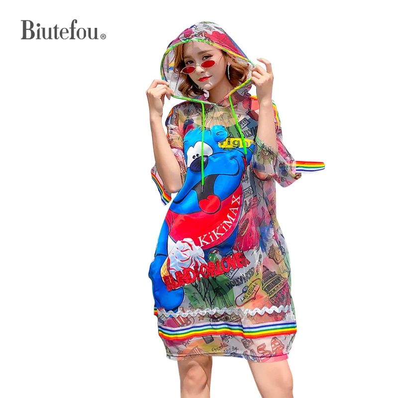 

2019 [Biutefou] summer fashion sequined patchwork dresses women bear cartoon transparent sunscreen clothes hooded dresses
