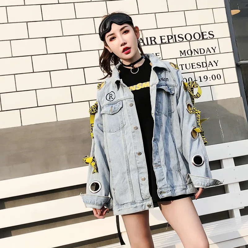 2019 Z Top Brand Spring New Thai Street Letters Embroidered Yellow Ribbon Tied Rope Loose Denim Jacket Female  Jeans
