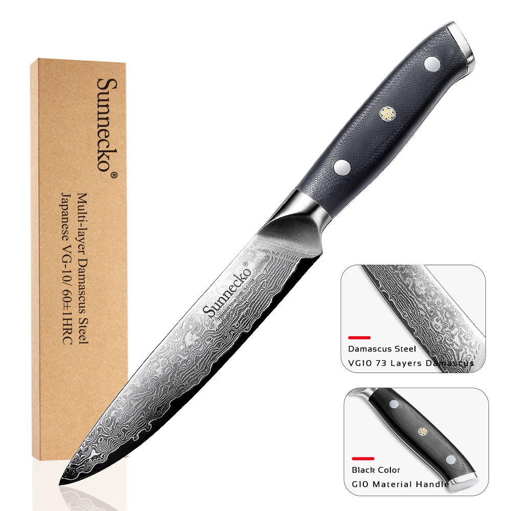 

SUNNECKO 5" inches Utility Kitchen Knife Japanese VG10 Steel Sharp Blade G10 Handle Damascus Knives Cleaver Slicing Tool