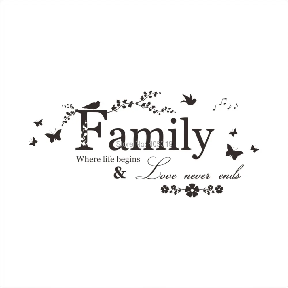 line Shop Wall Sticker Quotes Family Where Life Begins and Love Never Ends Vinyl Bird Art Decorative Flower Vine Decals Home Decorations
