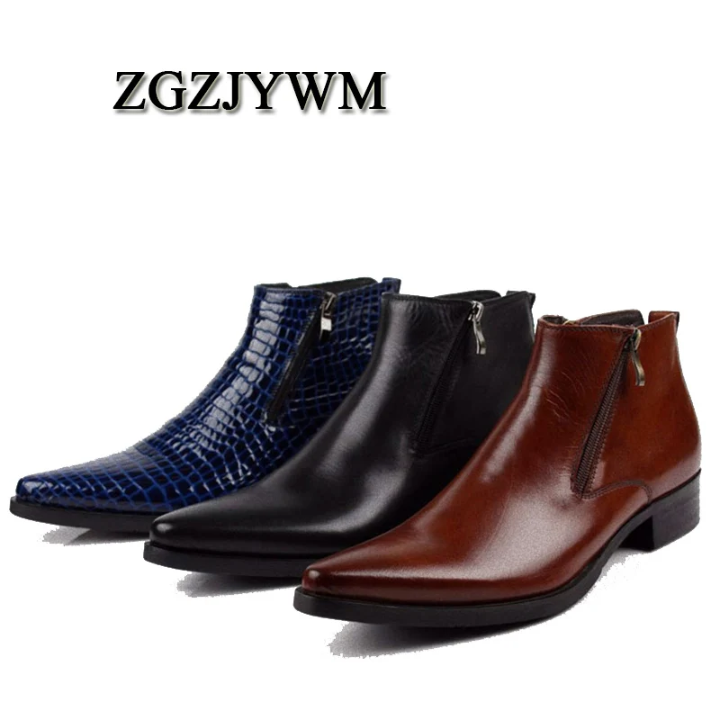 ZGZJYWM мужские ботинки натуральная кожа черный/красный острый носок Роскошные модные классические деловые формальные мужские ботинки