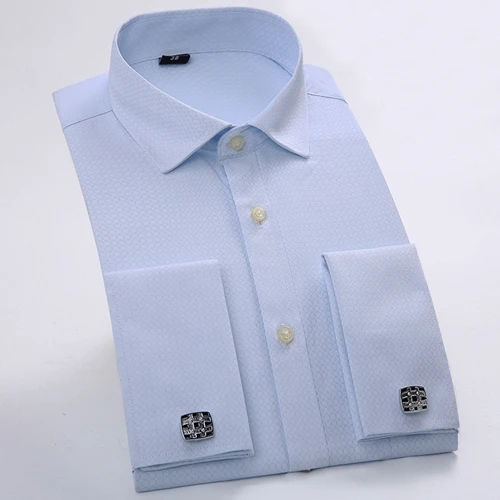 Классический дизайн французские запонки Твердые мужские рубашки с длинным рукавом белый воротник синий цвет обычные вечерние мужские официальные рубашки - Цвет: blue