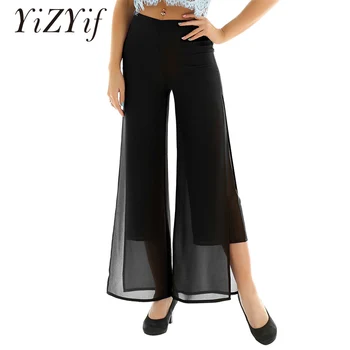 

YiZYiF Women Chiffon Pants Loose Lounge Pants High Waist Wide Legs with Side Split Two Layers Basic Casual Chiffon Palazzo Pants