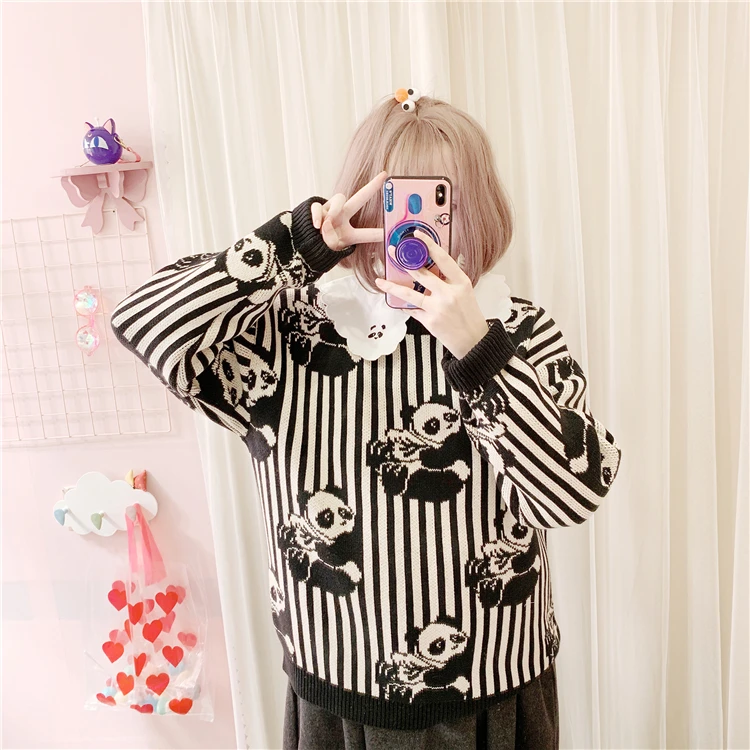 Striped panda pattern cartoon kawaii sweater -in Pullovers from Women's Clothing on Aliexpress 