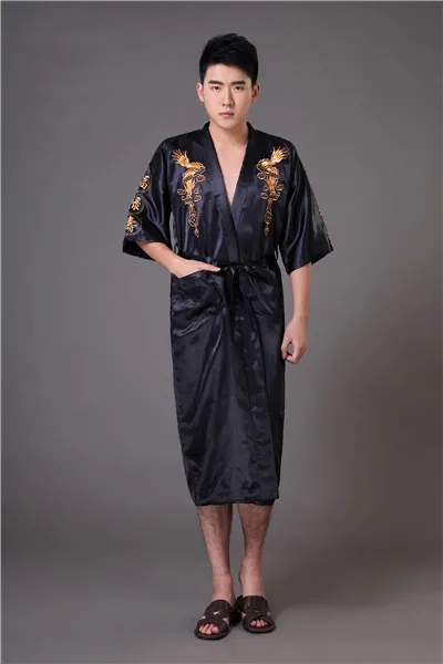 Высокое качество бордовое мужское кимоно банное платье китайский стиль Атласный халат вышивка Пижама с драконом пижамы размера плюс XXXL MP042 - Цвет: Black