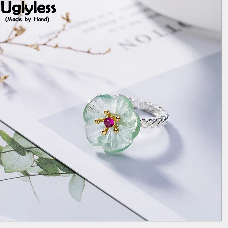 

Uglyless Real 925 Sterling Silver Natural Green Fluorite Flower Rings for Women Plum Blossom Finger Ring Handmade Fine Jewelry