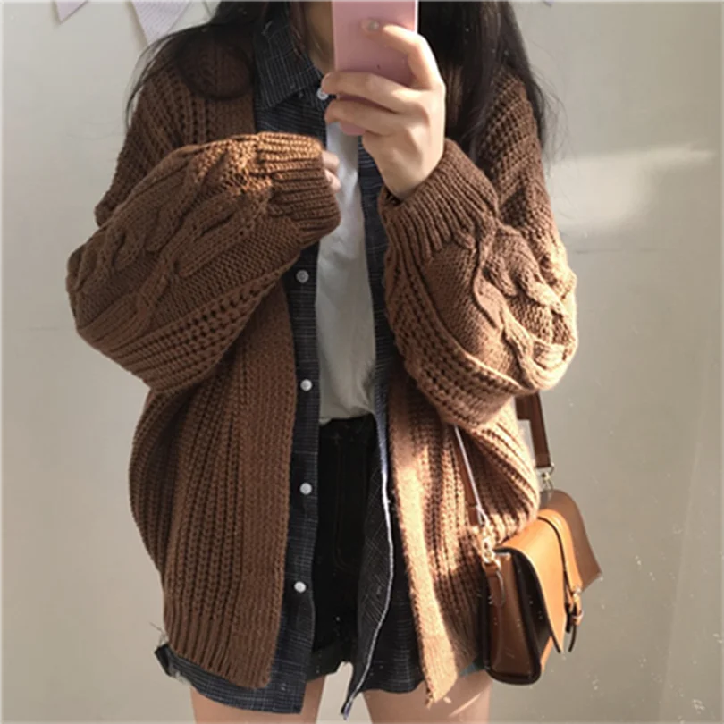 

Taotrees Elegant V Neck Warm Cardigans Twist Knitted Women Sweater Cute Cardigan Ladies Tops Loose Lazy Style Sweater Coat