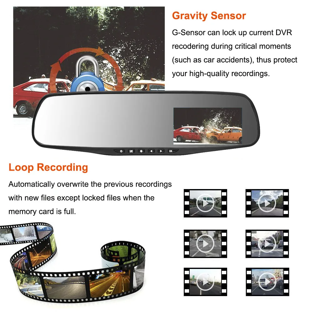 HGDO 4,3 ''FHD 1080P двойной объектив Автомобильный видеорегистратор Белое Зеркало видеорегистратор авто рекордер зеркало заднего вида ночное видение камера заднего вида