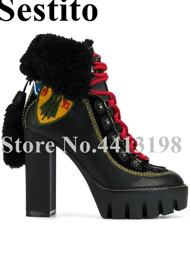 

2019 Fashion Cross-tied Ankle strap fringe Winter Boots Woman Gradient Round Toe Square Heels Ankle Boots Casual Women Shoes