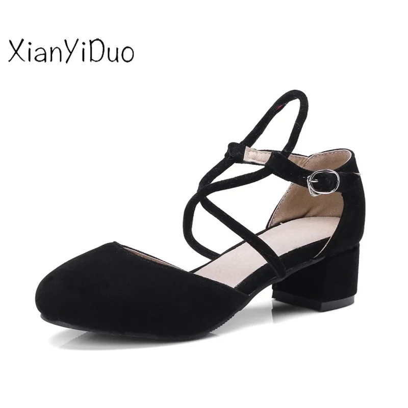 

Xianyiduo Leisure 2018 Summer Women's closed toe Med Heels Cover Heel shoes sandal Big Size30-48 Shallow black apricot gray/S91