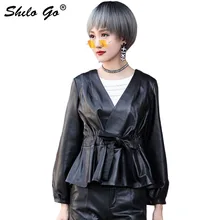 Шило GO кожаная куртка Женская Весенняя мода овчины пояса из натуральной кожи пальто V образным вырезом Пышный рукав бант ремень линии юбка
