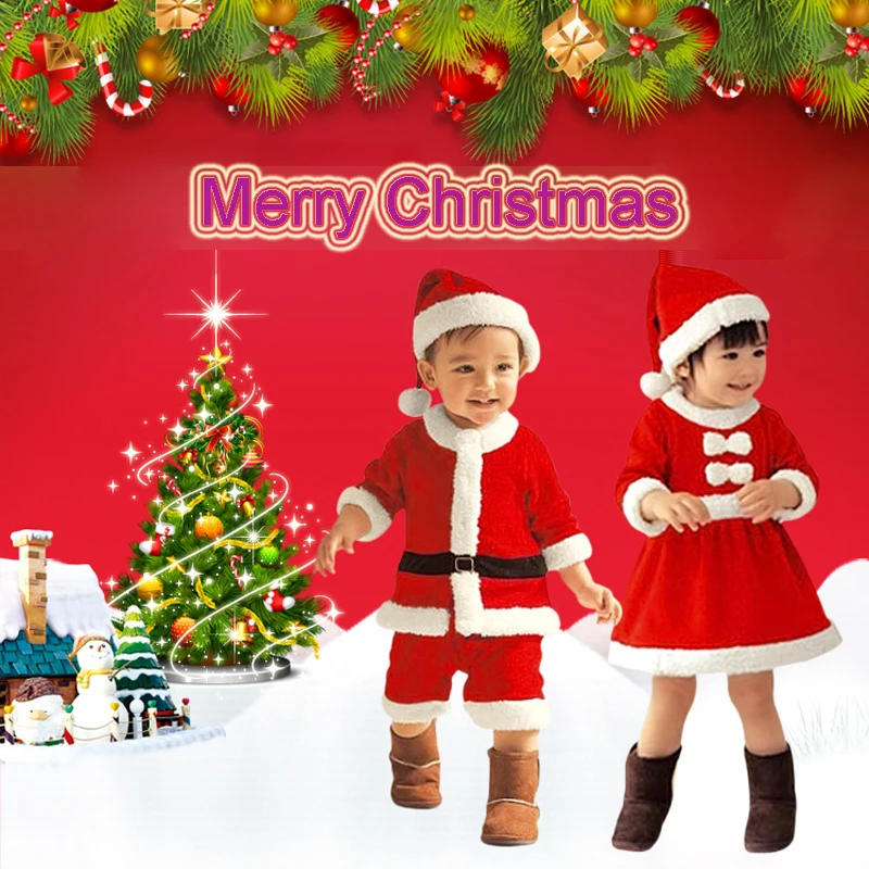 

Velvet Boys Girls Red Santa Claus Costume Christmas Party Gift Cosplay Clothes Hat Set for Kids Children dressed up Clothing
