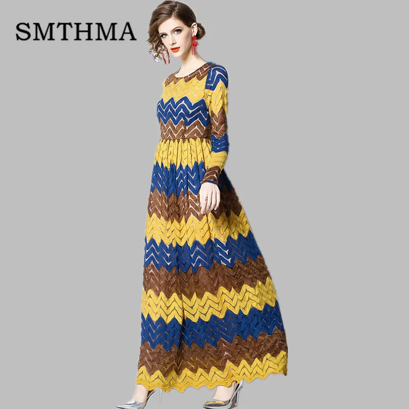 

SMTHMA High Quality Luxury Runway 2019 Spring Long sleeve Patchwork Lace Dress Sexy Hollow Maxi Dress vestidos