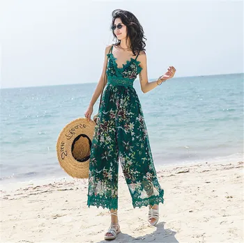 

Women jumpsuit straps green lace backless summer playsuit chiffon beach jumpsuit