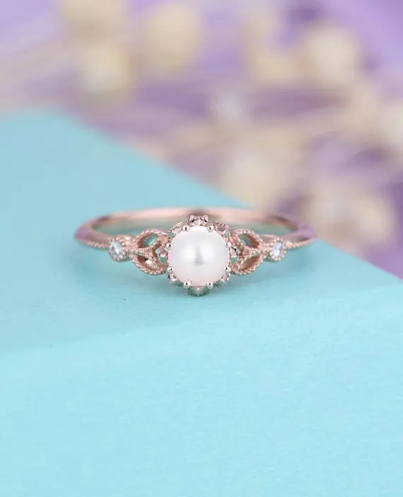 

MYRAY Pearl Engagement Ring Diamond Rings Solid 14k Rose Gold Antique Milgrain Bridal Set Women Anniversary Gift White Yellow