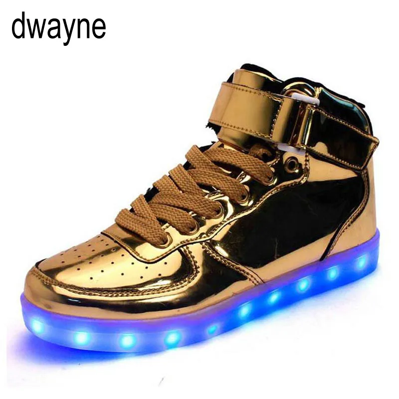 

2019 Mens lights up led luminous shoes high Top Shoes Gold Sliver luminous shoes LED glow USB charge Unisex adults neon baske hj