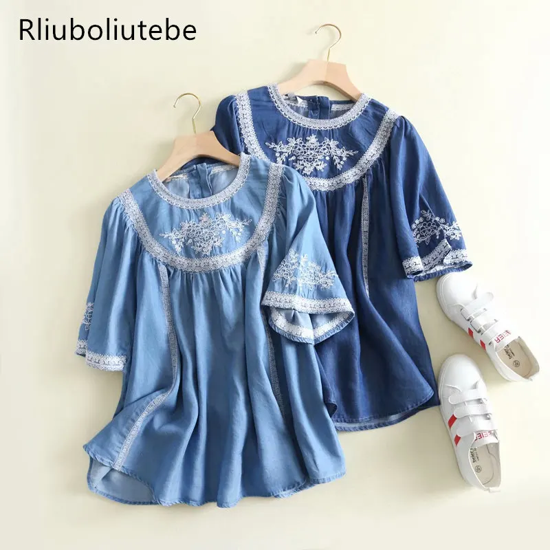 

summer embroidery denim blouse women jeans blouse short sleeve light blue flowers casual loose tops floral work soft shirt