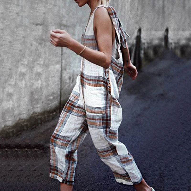 

Women's Jumpsuit Plaid Strappy Ladies Holiday Rompers Summer Loose Retro Stylish Cargo Female Beach Jumpsuits