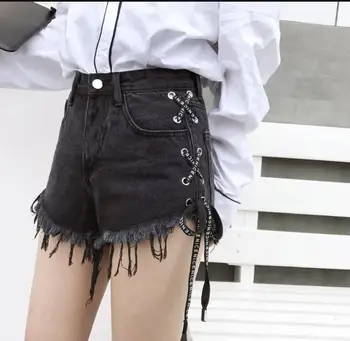 

New Short Feminino Womens High Waist Shorts Fashion Female Side Ribbons Bandage Lace-Up Hot Shorts With Tassel J2940