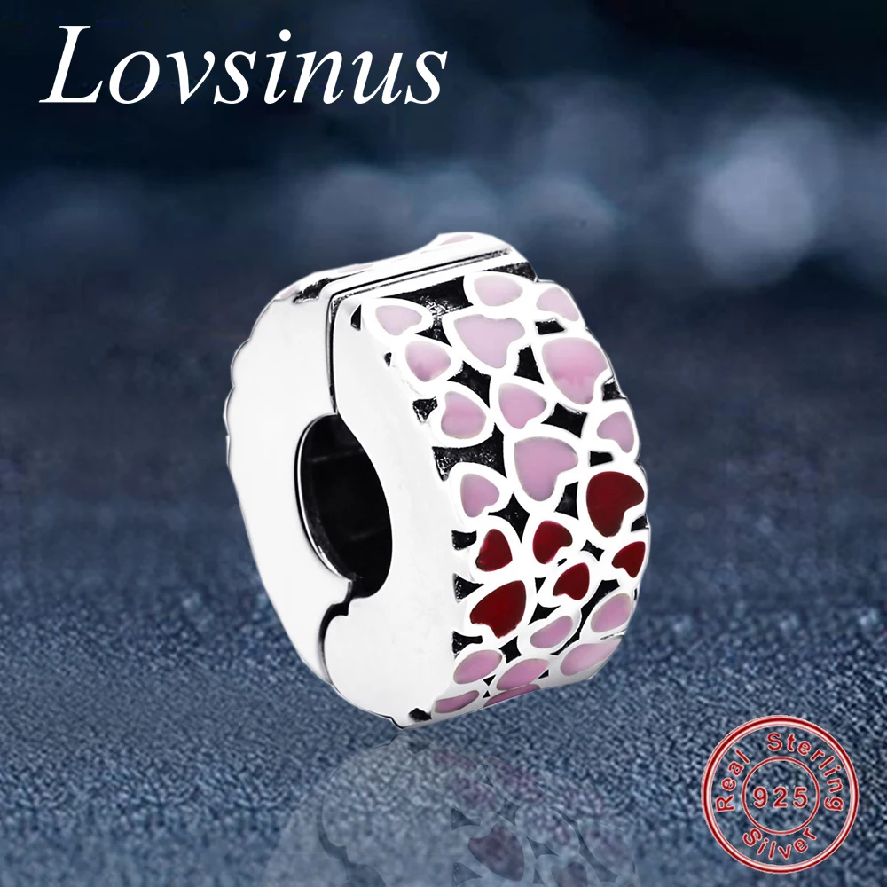 

925 Sterling Silver Burst of Love Clip Charm Hear Pink Enamel Spacer Clips Bead Fits Original Pandora Charms DIY Bracelets Jewel