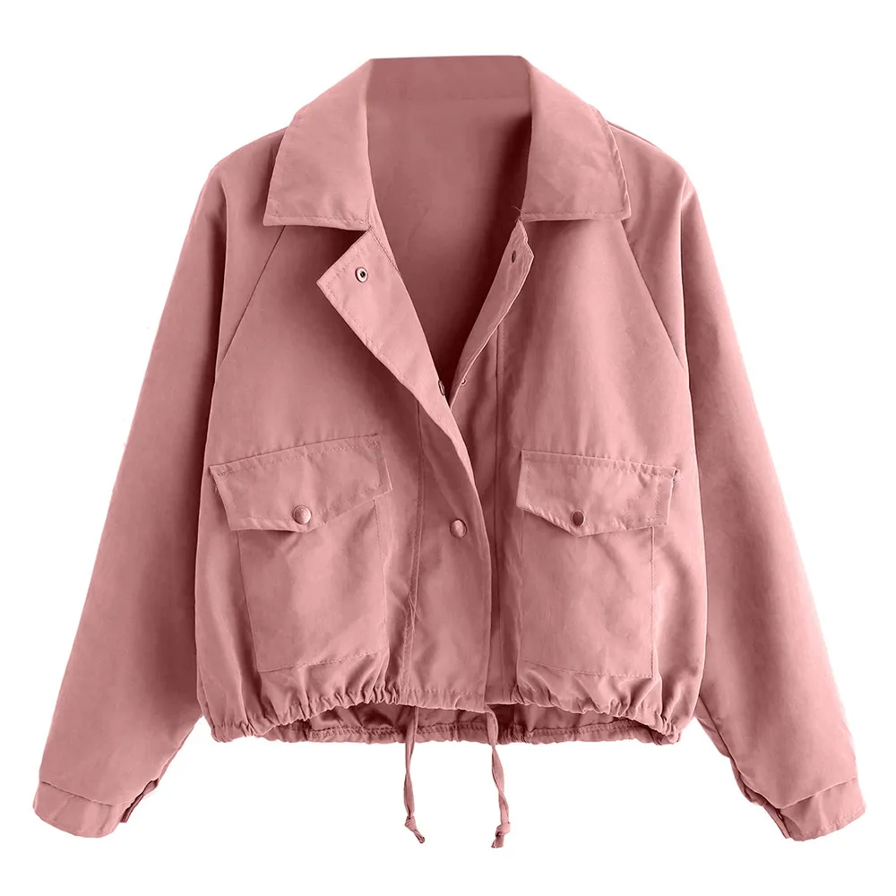 

solid bomber jacket Women Autumn Fashion Short Button Coat Pocket Jacket Cardigan d90709
