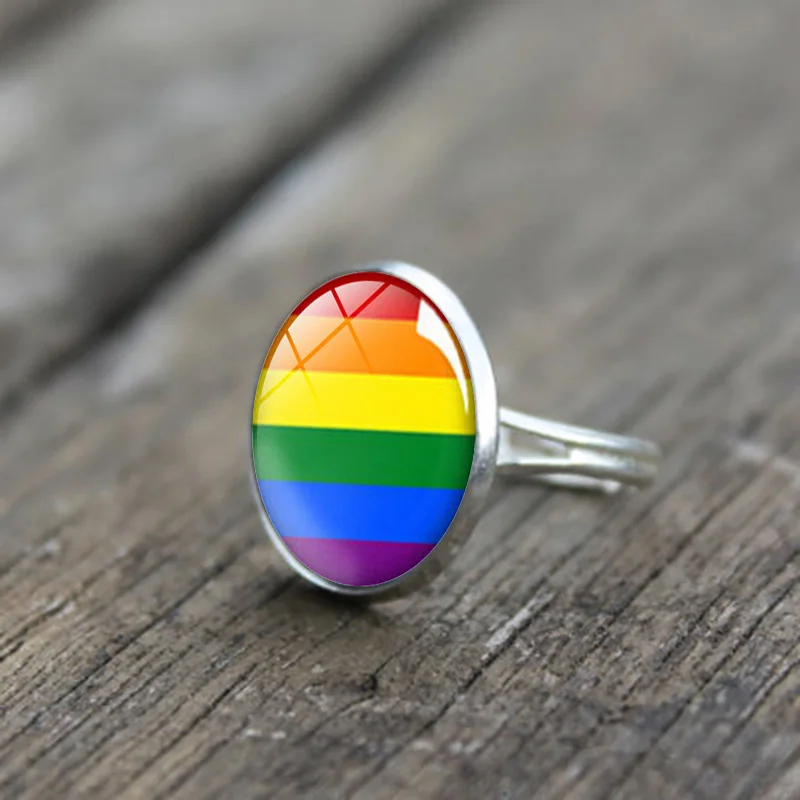 

XUSHUI XJ Glass Dome Cabochon Rings for Women Gay Pride Rainbow Jewelry Accessories Adjustable Silver Ring Lover Gifts