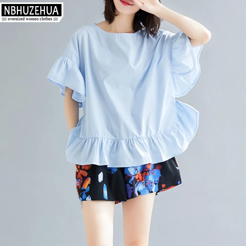 

NBHUZEHUA 2 Piece Set Women 2019 Beach Sweet Ruffles Top and Pants Plus Size Summer Outfits For Women 4XL 5XL 19-D229