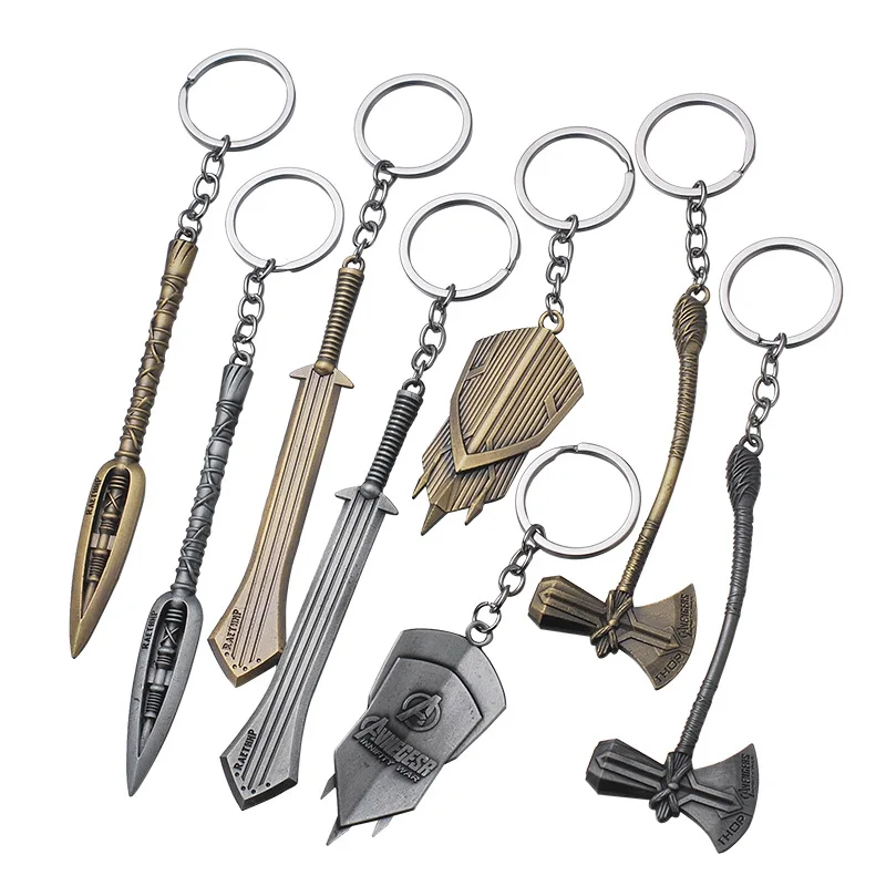 

DC Marvel Avengers Infinity War 3 Keychian Thor Axe Shield Sword Spear Superherp Keychain Key Ring Chaveiro Key Chain Jewelry