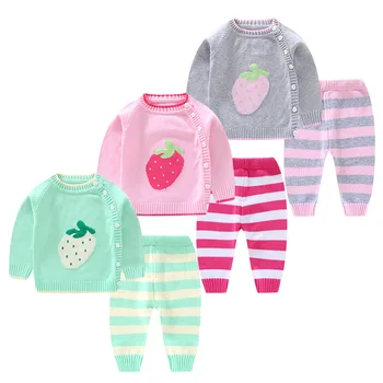 

Knitted Outfits Baby Girl Boys clothing set cartoon strawberry sweaters+knit pants sets warm toddler baby clothes winter