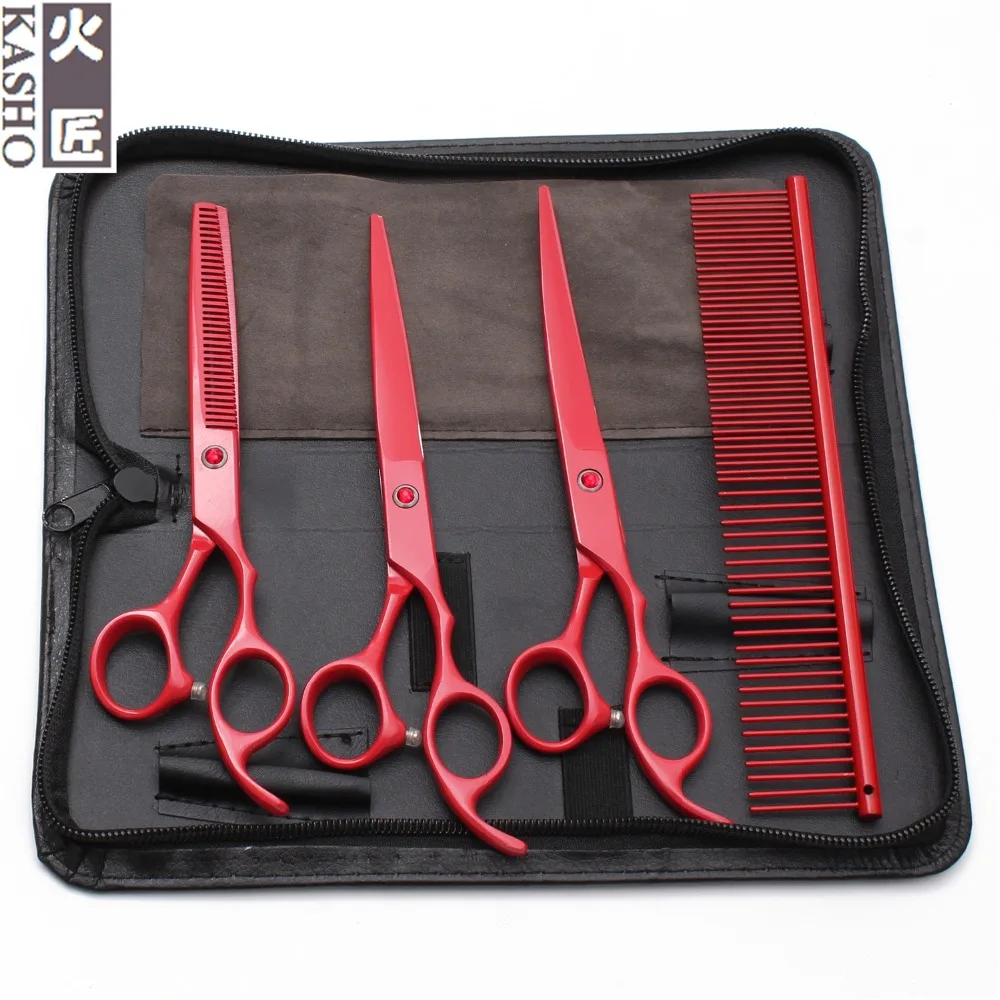 

H3103 U4Pcs Set 7" Kasho Dog Grooming Shears Comb+Cutting+Thinning+UP Curved Shears Professional Pets Scissors Clippers For Dogs