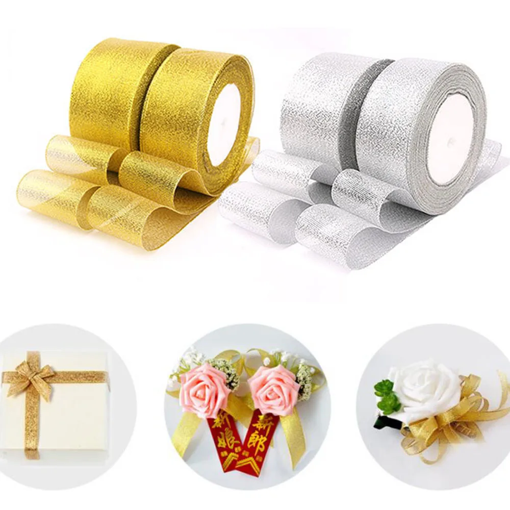 

25Yards/Roll 22m Gold Silver Shiny Organza Ribbon for Wedding Christmas Decoration DIY Webbing Cake Gift Packing Crafts Ribbons