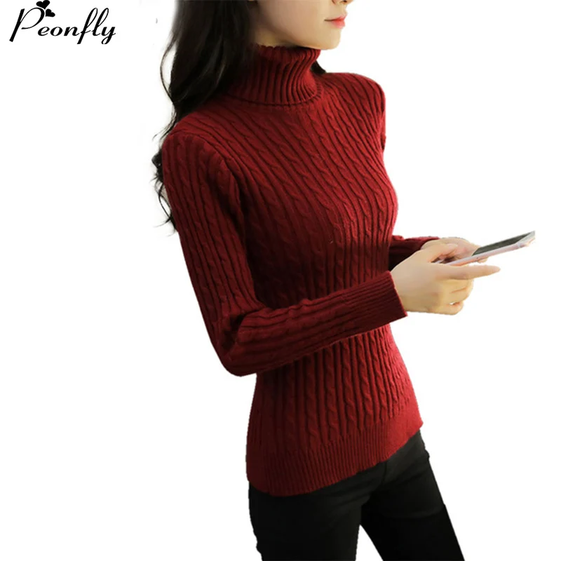 

PEONFLY balck Turtleneck Women Autumn Warm Cashmere Sweater Women Pullovers Jumper Knit Sweater Female Pull Femme Burgundy