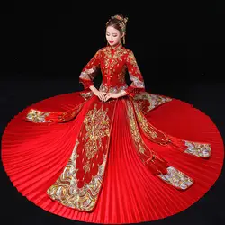 Классический красный для женщин Свадебное платье Винтаж Китайский Cheongsam костюм Восточный древний брак плиссированные платья Изысканный