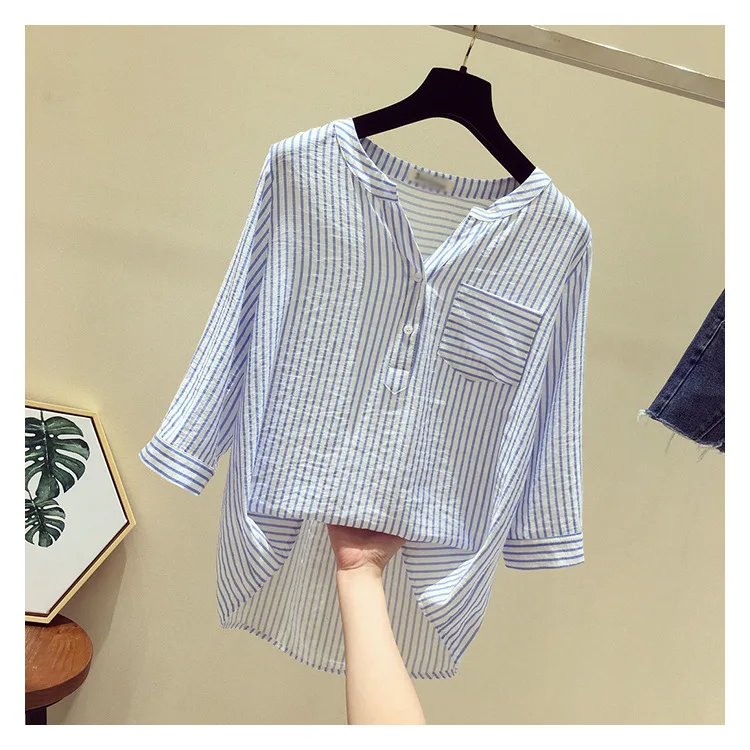 Striped Shirt Female New Summer Chiffon Loose V Collar Blouse Clothes Three Quarter Sleeved Casual Fashion Girl Top Shirts H9006 2