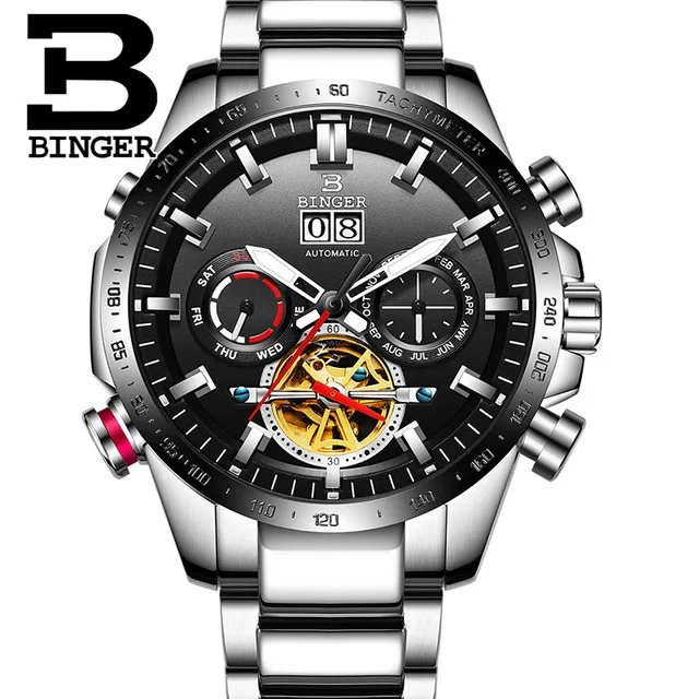 Швейцарские механические мужские часы Бингер, спортивные военные часы, мужские водонепроницаемые автоматические часы из нержавеющей стали - Цвет: Silver Black
