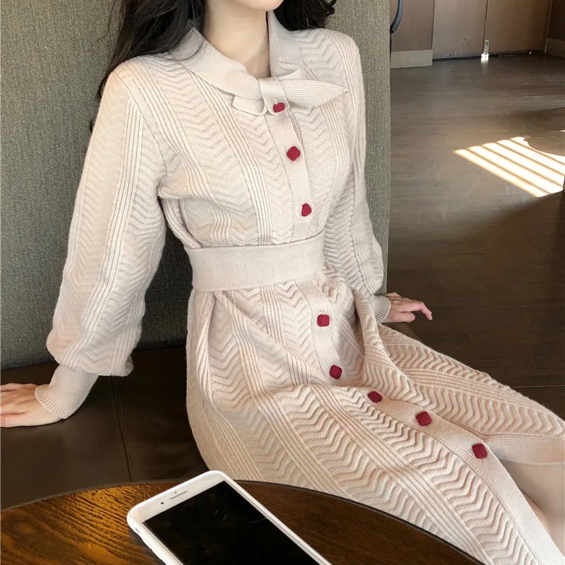 Весенний женский свитер 2019 новый длинный отрезок с высокой талией платье однобортное выше колена трикотаж осень Ретро женское платье 113